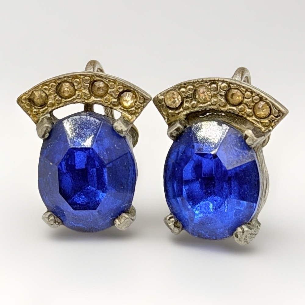 Vintage Blue Rhinestone Screw Back Earrings Oval